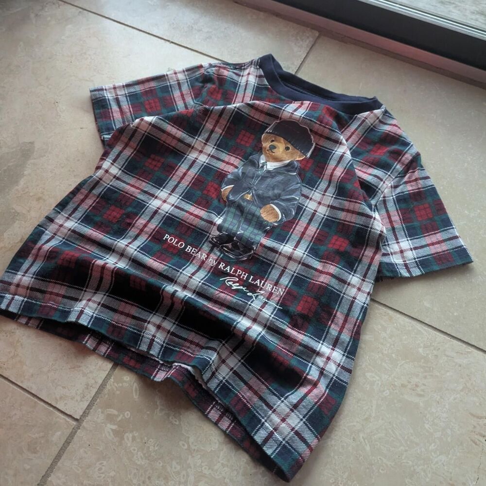 Polo Ralph Lauren Boys Red Green Plaid Polo Bear T-Shirt
